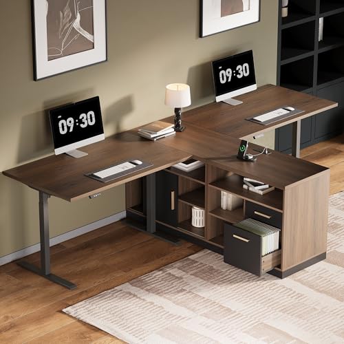 ModernMate Home Office Furniture Set, 114' Standing Desk with 2 File Cabinets, AC/USB, Extra Long Double Desk for 2 Person, Electric Height Adjustable for Home and Office, Black Walnut