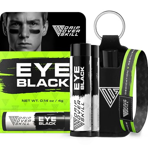 Eye Black by DRIP Over Skill, Made with Natural Ingredients, 2 Pack, Carry Clip &amp; DRIP Band, Sports Face Paint, Sweat Resistant, Anti-Glare, Football, Baseball, Softball &amp; Lacrosse