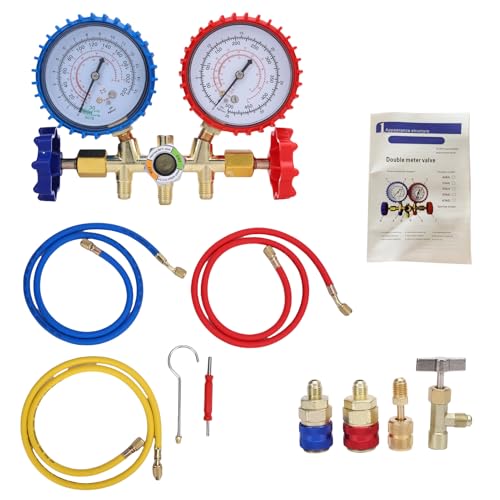 Juego de Manómetros de Tres Vías para Aire Acondicionado AC, Kit de Carga de Refrigerante HVAC con Conectores Rápidos R134a, Adaptador R410A, Válvula de Perforación para Lata y Herramienta para Núcleo de Válvula miniatura 4
