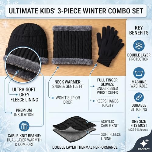 Image of Winter Knit Beanie, Hat, Neck Warmer Scarf and Woolen Gloves Set - Skull Cap for Men & Women (3 Piece)
