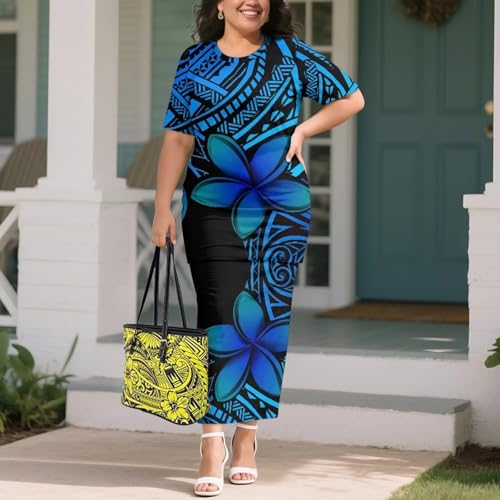 Image of Puletasi Samoan Traditional 2 Piece Outfits for Women Short Sleeve Crop Top and Maxi Skirt Sets Puletasi Dress