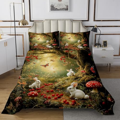 Homewish Cute Rabbit Comforter Set Twin Size,Red Mushroom Berry Bedding Sets 2Pcs for Kids Girls Boys Adult Room Decor,Wild Animal Plant Comforter Set Nature Jungle Coverlet Quilt,1 Pillowcase
