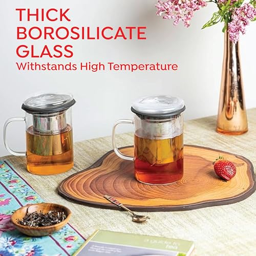 Image of Sipologie Inspire Tea Infuser Mug - Ideal for Brewing Loose-Leaf Tea - Premium Clear Borosilicate Glass Mug with Fine Mesh Stainless Steel Infuser and Dual-Purpose Glass Lid, 350ml