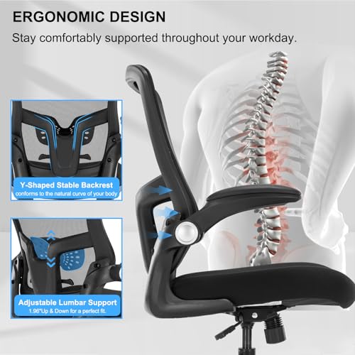 Image of Drafting Chair, Ergonomic Tall Office Chair with Lumbar Support Standing Desk Stool with Flip-up Armrests Comfy High Office Desk Chair with Adjustable Foot Ring for Counter Height Desk, Black