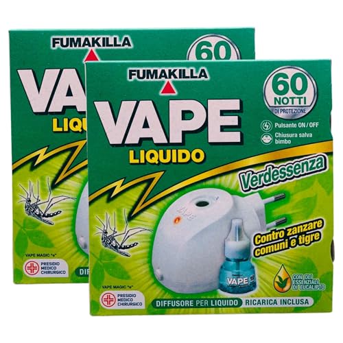 Confezione Con Diffusore Per Liquido VERDESSENZA e Ricarica, Con Oli Essenziali Di Eucalipto. Protezione Per 60 Notti, Contro Zanzare Comuni e Tigre (2 Confezioni)