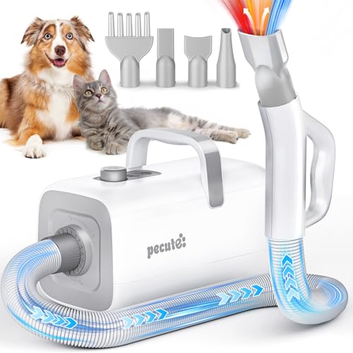 Pecute Dog Dryer, High-Velocity Dog Hair Dryer with Cool-Warm-Hot Cycle Mode, Dog Blow Dryer with Adjustable Speed & Temp, 4 Nozzles, Low Noise Pet Dryer for Grooming, Heat Resistant Hose, 6.5ft Cord