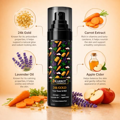 Image of Title: Karrot 24K Gold Face Toner & Mist 100ml for Golden Glow & Radiance - with 24K Gold Dust, Niacinamide, Apple Cider Vinegar, Carrot Seed & 5 Ceramides, Derma Tested, pH Balanced
