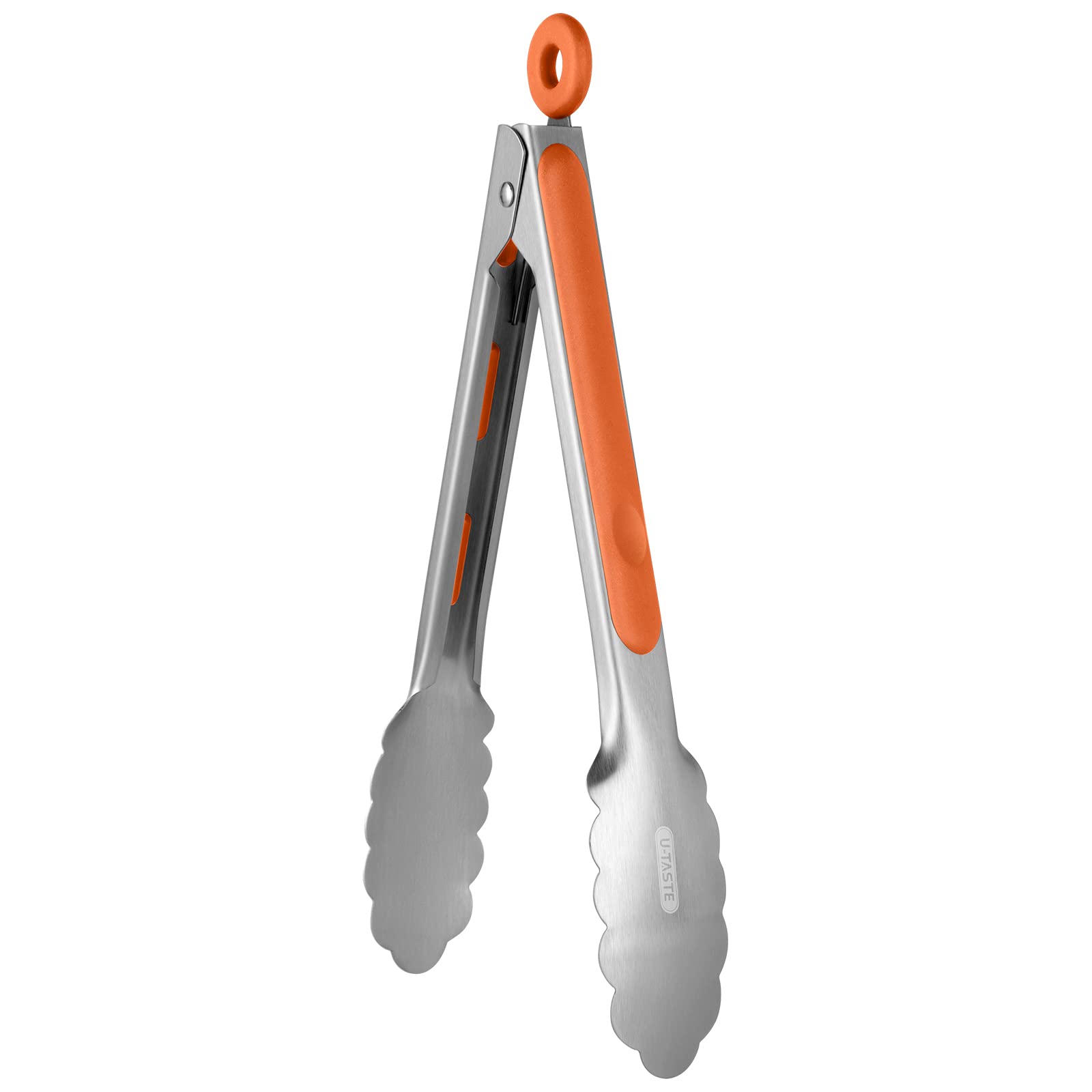18/8 Stainless Steel Kitchen Tong: U-Taste 22cm Heat Resistant Cooking Tong with Sturdy Metal Tips & Non Slip Silicone Coated Handle & Smooth Locking for Serving Food Salad BBQ (Orange)