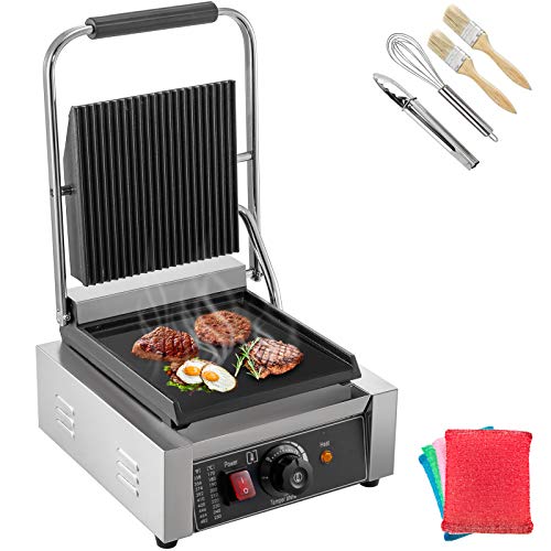 Happybuy 110V Commercial Sandwich Press Grill 1800W Electric Panini Maker Non-Stick 122°F-572° Temp Control Half Grooved Plates for Hamburgers Steaks Bacons, Professional Cooking Equipment