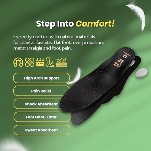 HANDARTE Leather Plantar Fasciitis Insoles | High Arch Support Inserts for Men/Women | Overpronation Insoles for Flat Feet & Metatarsalgia Relief | Anti Odor - Durable - Anti Slip (US W9.5/M8 | EU41)