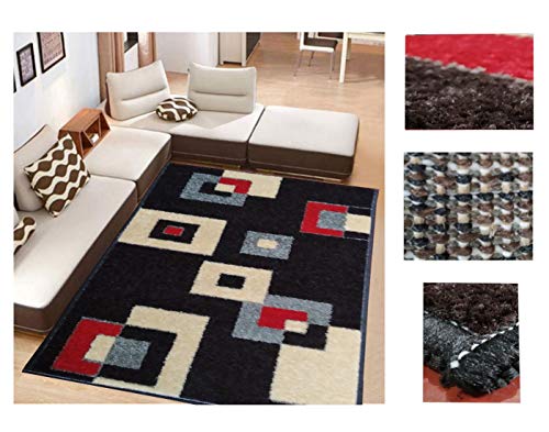 Alfombra de Salón Frise Pelo Largo Tupido Cuadrados Geometricos Modernos Color (Negro, 133_x_190 CM)