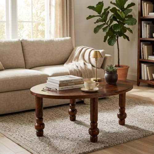 Image of Solid Sheesham Wood Round Coffee Table | Wooden Center Table for Living Room | Classic Tea Table with Turned Legs | Decorative Sofa Table for Lounge Area | Stylish Accent Furniture | Brown