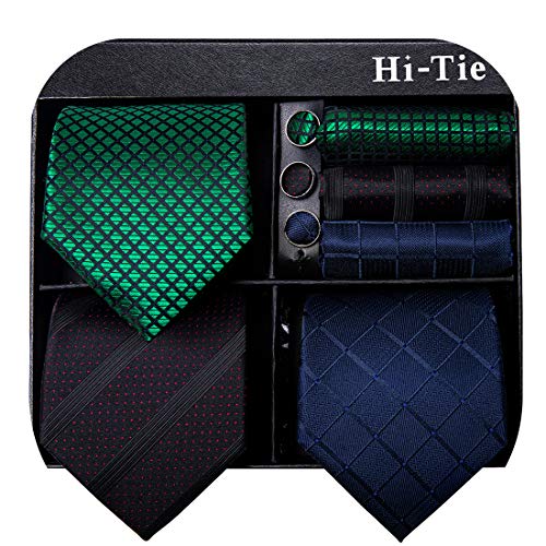 Image of Hi-Tie 3 Pcs Gift Box Mens Tie Set Necktie with Pocket Square Cufflinks Lapel Pin Silk Neck Tie Collection