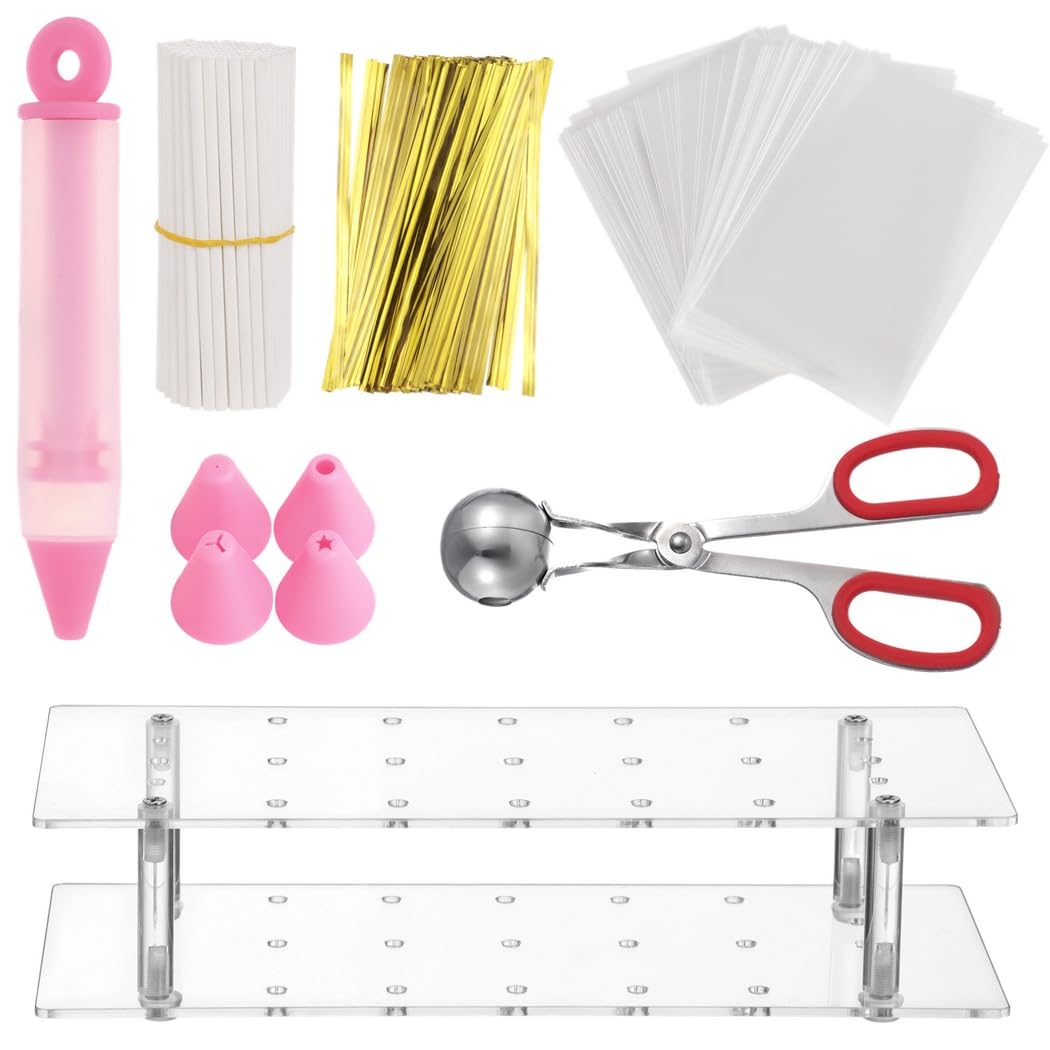 Cake Pop Maker Set, Lutscherbeutel-Set mit 100 Sticks, 100 Hüllen, 100 Drahtbindern, 1 Ständer, 1 Deko-Stift, 1 Kugelportionierer mit Griff für Cake Pops und Süßwaren