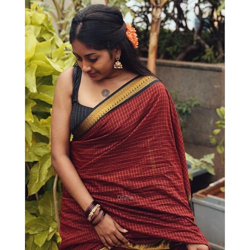 Image of Gadwal Cotton Silk Checked Saree for Women | Pure Kalyani Cotton Checked Saree with Zari Border Tassels & Blouse | Kanjivaram Linen Silk | Handloom Weave