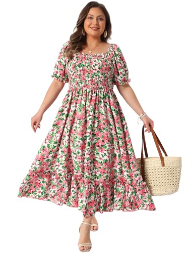 Image of Agnes Orinda Plus Size Dress for Women Short Sleeve Shirred Square Neck Floral Maxi Long Dresses