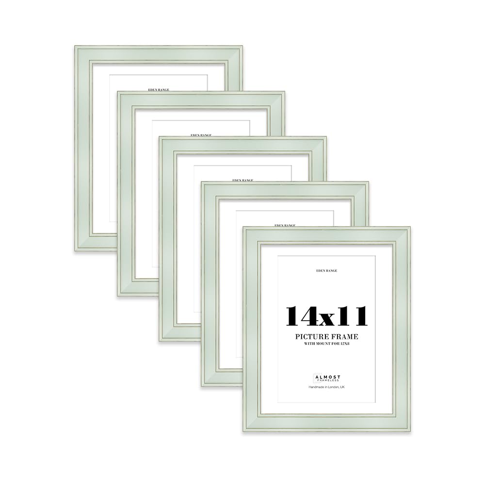 14x11" Sage Green Picture Frame with 12x8" Mount - Shabby Chic Photo Frame with Distressed Finish, Gold Trim, Wall Hooks and Kickstand, 37mm Edge - 5 Pack