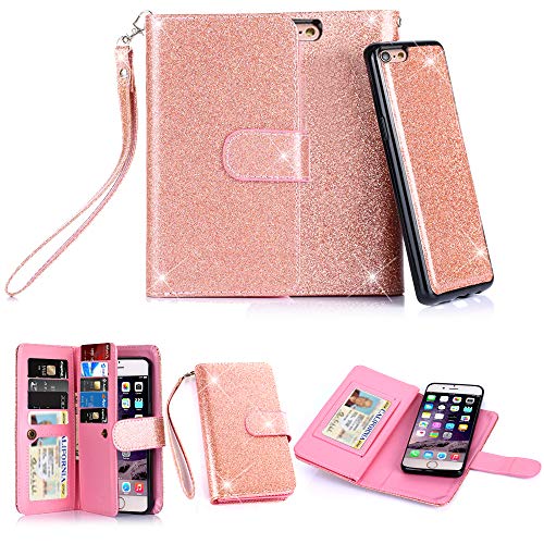 iPhone 6S Case, iPhone 6 Case, TabPow 10 Card Slot - [ID Slot] Wallet Folio PU Leather Case Cover with Detachable Magnetic Hard Case for iPhone 6S/6 (4.7 Inch) - Glitter Rose Gold
