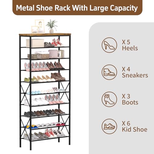 Image of 10-Tier Tall Shoe Rack, Large Capacity Shoe Shelf Holds40-45 Pairs, Shoe Shelf for Entryway, Hallway, Living Room, Rustic Brown