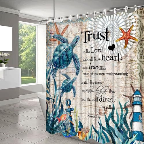 QWRSMYX Sea Turtles Shower Curtain Marine Life Inspirational Quote Vintage Nautical Beach Theme Motivational Words Fabric Funny Green Ocean Animal Bathroom Decor Set with Hooks 70Wx70H Inch - Image 2