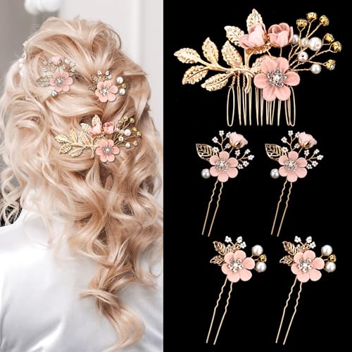 5 Stück Braut Hochzeit Haarschmuck Rosa Haarkämme Kristall Blumen U-förmig Haarnadeln für Bräute und Brautjungfern zum Tragen bei Hochzeiten