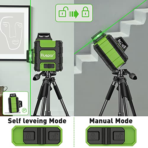 Image of Huepar Laser Level 360, Self Leveling Rechargeable Green Beam 3D Cross Line Laser Level with with 12 Feet Telescoping Pole 3 x 360 Level Laser Tool with Pulse Mode, Magnetic Bracket - HM03CG & LP36