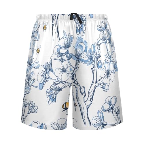 Honeybee Cherry Blossom White Pajama Shorts for Men Lounge Pants Athletic Shorts Men'S Pajama Shorts with Pockets, S-XXL