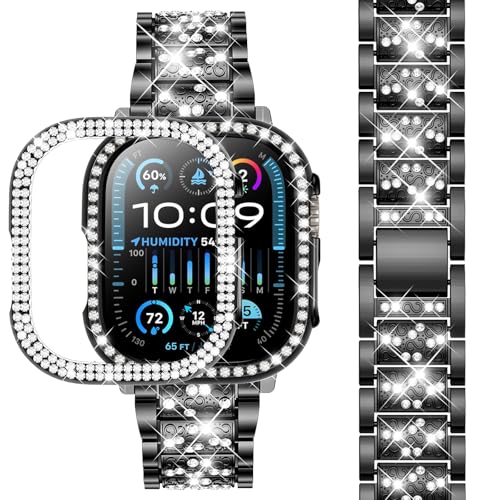 Image of SUPOIX for Apple Watch Band 49mm + Case, Bling Bands for Women (Black) | Shiny Metal Bands & 2 Pack Protective Cover Cases for iWatch Ultra 49mm