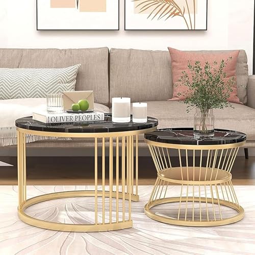 Image of The Round Coffee Table and The Stacking Tea Table with a Gold Metal Frame are Two Versatile Modern Center Tables that Look Great in Living Rooms (Black Gold)