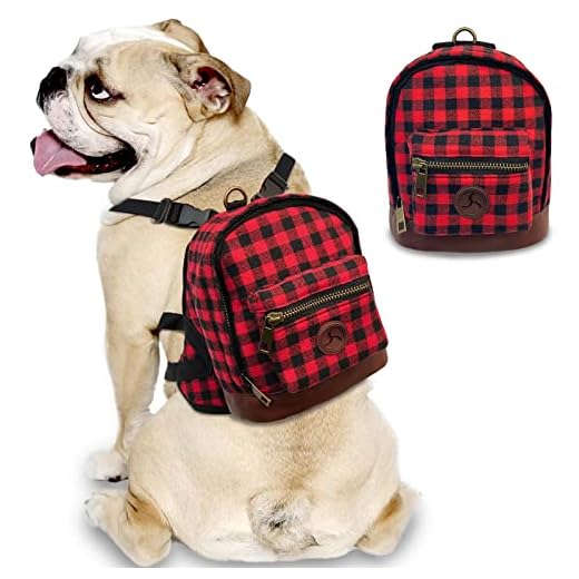 bellerata Dog Backpack Harness, Cute Backpack for Dogs, Built-in Poop Bag Dispenser, Buffalo Plaid & Pu Leather Design Dog Pack for Hiking Training and Daily Walking, Fit Puppy and Small Dogs