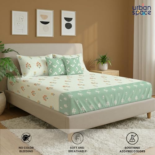 Image of Urban Space 144 TC Divine 100% Cotton Bedsheet for Double Bed with 2 Pillow Covers and 2 Cushion Covers, Queen Bedsheet (Size 90 x 100 inches, Magnolia sage Green, Double)