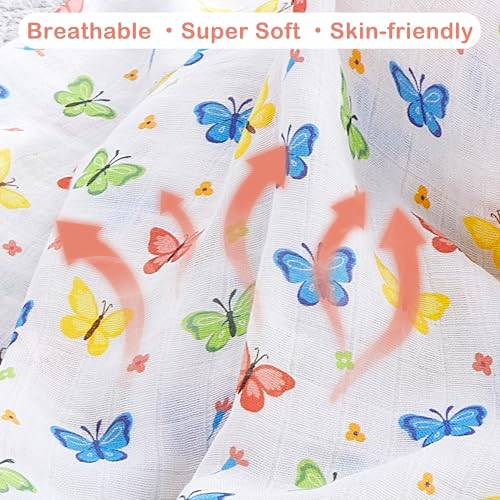 Image of Viviland Bamboo Cotton Blend Muslin Swaddle Blankets, 70% Bamboo & 30% Cotton, Ultra Soft Silky Receiving Blanket for Newborn, Large 47x47 inches, 4-Pack Unisex Gift, Colorful Butterfly