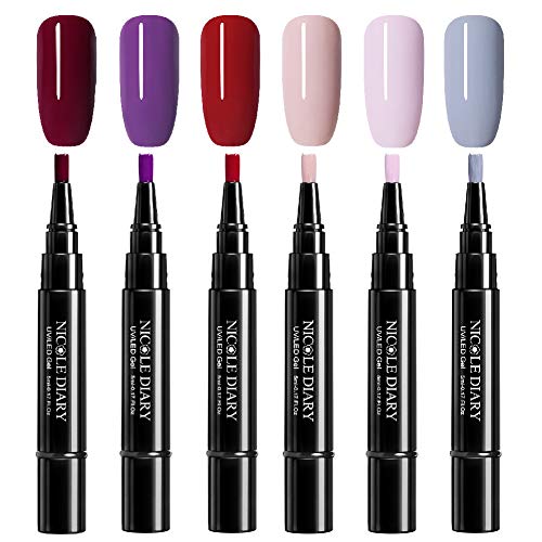 NICOLE DIARY 3 In 1 Gel Nail Polish Pen 3 in 1 Soak Off UV LED Nail Varnish Nail Art Kit No Base Top Coat Need 6 Colors Easy to Use UV Gel Polish