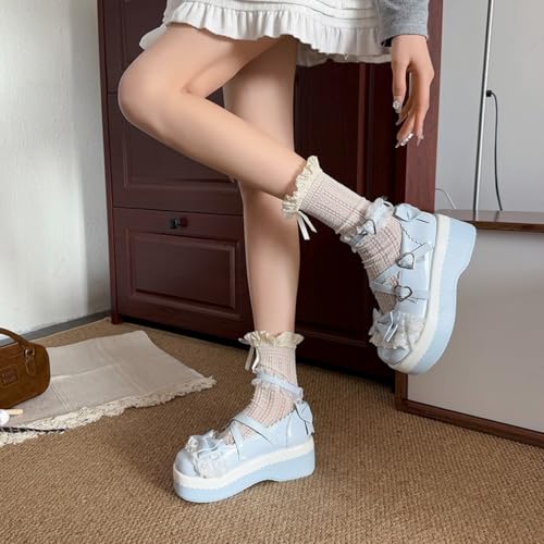 ZQW Kawaii Sweet Lace Bowknot Wedge Heels - Cute Lolita Adorable Chic Aesthetic Y2K Chunky Mary Janes Shoes for Women Goth3