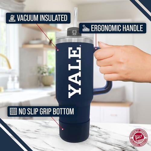 Image of Campus Colors College & University 40 oz Travel Tumbler With Handle - Dual Option Lid With Straw - Vacuum Insulated Stainless Steel (Yale Bulldogs - Navy)
