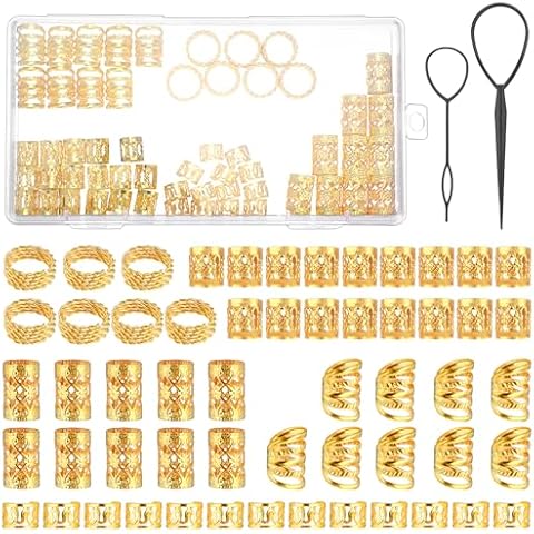 JIEYAO Gold Hair Jewelry for Braids, 110 Pcs Dreadlocks Beads, Hair Braid Rings Clips Dread Locks Coils Rings Loc Tube Bead Braid Accessories with 2 Pcs Pull Hair Pins for Braids Decoration Cover