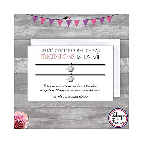 Carte de voeux FELICITATIONS JEUNE MAMAN PAPA + Duo de Bracelets porte-bonheur 1 main INOX + enveloppe - Fabriqué en France - Idée cadeau original Félicitation naissance, cadeau de naissance, bébé