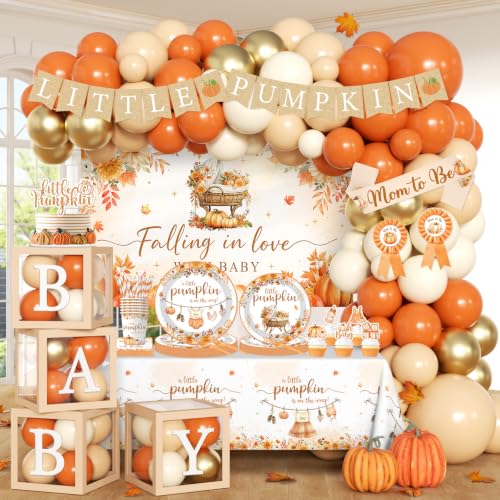 Fall Baby Shower|294pcs Falling In Love Baby Shower Decorations Plates Napkins Cups Banner Backdrop Tablecloth Cake Topper Balloon For Little Pumpkin Baby Shower Decorations