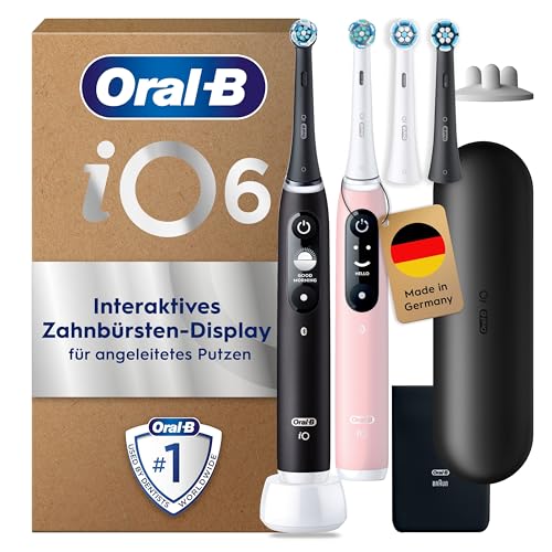 Oral-B iO Series 6 Plus Edition Elektrische Zahnbürste, Doppelpack — Electric Toothbrush, Inkl. 4 Aufsteckbürsten, 5 Putzmodi für Zahnpflege, Reise-Etui — Designed by Braun, Schwarz/Rosa