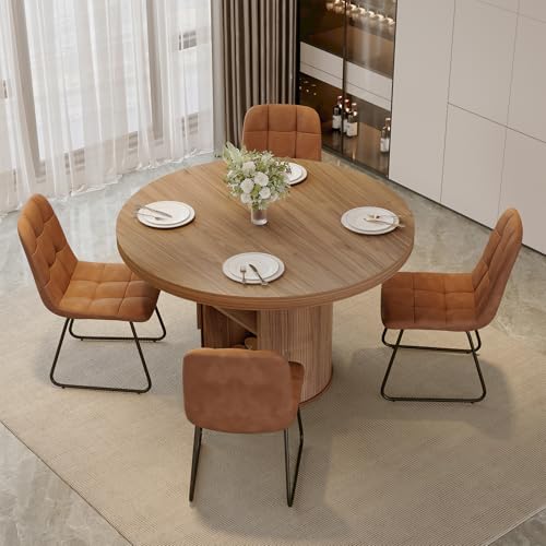 Image of 5-Piece Dining Set for Small Spaces 43.3 inch Round Table & 4 PU Leather Chairs, Modern Farmhouse with Storage Shelf, Apartment Kitchen Easy Assembly (Walnut Color Round Table + 4 U-Shaped Brown Chairs)