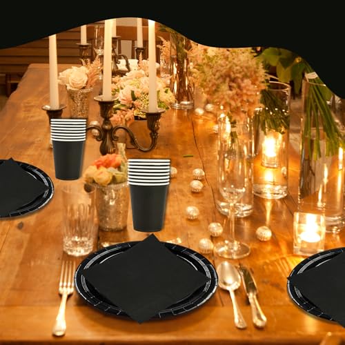 HiEnjoin 72 Stück Stück Partygeschirr Set,Schwarz Papiergeschirr Set,Geburtstag Party Geschirr Becher Serviette Pappteller für Babypartys, Geburtstag, Weihnachten Geburtstagsparty Deko-24 Gäste