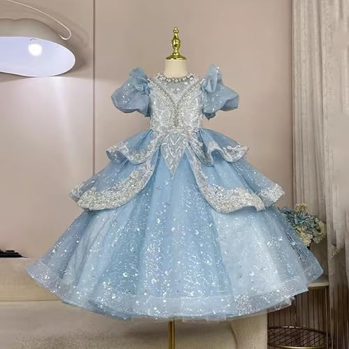 Princess Sequin Pink Flower Dress for Girls Puff Short Sleeves Tulle Gown with Lace Applique for Wedding,Birthday3