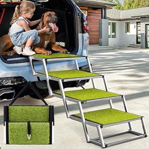 Dog Ramp for Car, Extra Wide Dog Car Stair for Large Dogs, Pet Steps Lightweight Aluminum Foldable Dog Steps for Cars and SUV,High Beds, Trucks, Supports up to 200 lbs (Extra Wide-4 Steps with Grass) Dog Ramp for Car Extra Wide Dog Car Stair for Large Dogs Pet Steps Lightweight Aluminum Foldable Dog Steps for Cars and SUVHigh Beds Trucks Supports up to 200 lbs Extra Wide 4 Steps with Grass