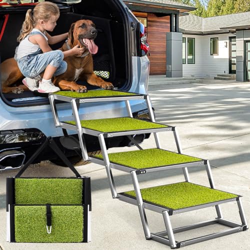 Dog-Ramp-for-Car-Extra-Wide-Dog-Car-Stair-for-Large-Dogs-Pet-Steps-Lightweight-Aluminum-Foldable-Dog-Steps-for-Cars-and-SUVHigh-Beds-Trucks-Supports-up-to-200-lbs-Extra-Wide-4-Steps-with-Grass Dog Ramp for Car Extra Wide Dog Car Stair for Large Dogs Pet Steps Lightweight Aluminum Foldable Dog Steps for Cars and SUVHigh Beds Trucks Supports up to 200 lbs Extra Wide 4 Steps with Grass