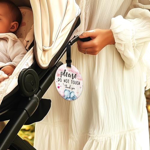 Image of 2 Pack Cute Elephant No Touching Signs Pink Stop No Touching Safety Sign for Family PVC Seat Signs-Stroller Tag with Hanging Strap and Clip for Car Accessories 5 Inches