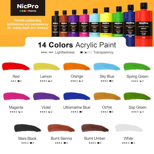 Image of Nicpro 14 Colors Large Bulk Acrylic Paint Set (16.9 oz,500 ml) Rich Art Painting Supplies, Non Toxic for Multi Surface Rock Canvas Wood Ceramic Leather Fabric Craft, for Adult with Color Wheel
