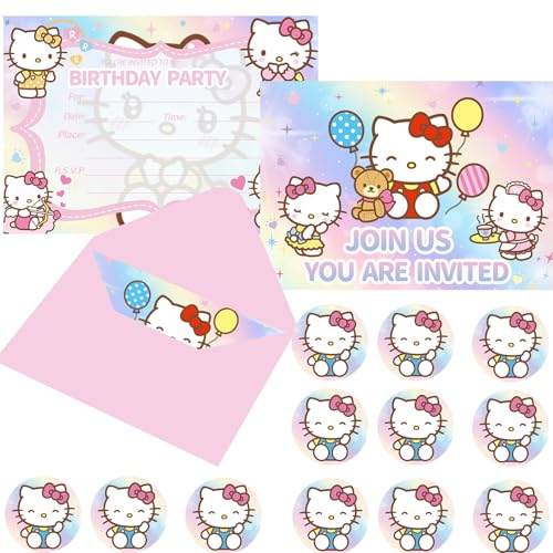 AKSESORIS 16pcs Anime Birthday lnvitation Cards Gift Cards with Envelopes and 16pcs Cute Cartoon Stickers Party Decorations for Theme Party Supplies