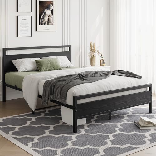 Image of HOJINLINERO Full Size Bed Frame with Headboard,Platform Metal Bed Frame Full Size,Black Wood Bed Frame No Box Spring Needed Heavy Duty Metal Slats Support,Mattress Beds Base,Noise Free,Easy Assembly
