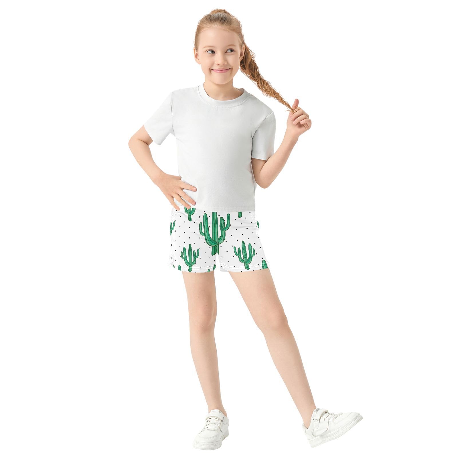 pnyoin Girl's Shorts Cactus Polka Dot Athletic Running Shorts with Pockets Size 7-8t Multi