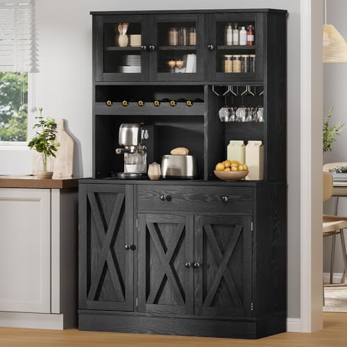 DWVO 71''H Kitchen Pantry Cabinet with Drawer, Doors, Goblet Holder, Wine Rack for Storage, Pantry Cabinet with Power Outlet for Kitchen & Living Room (Black Oak)
